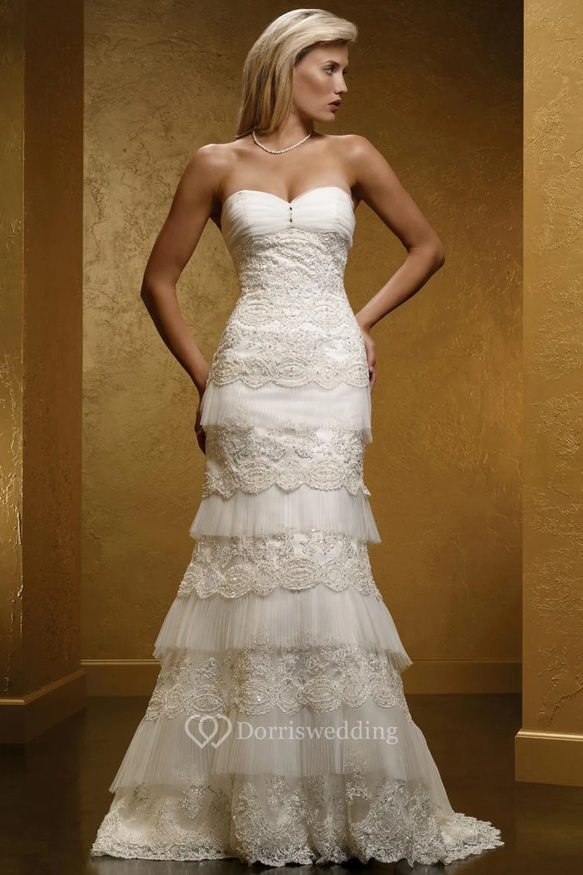 Sheath Sweetheart Long Sleeveless Tiered Lace Wedding Dress With Appliques And Corset Back