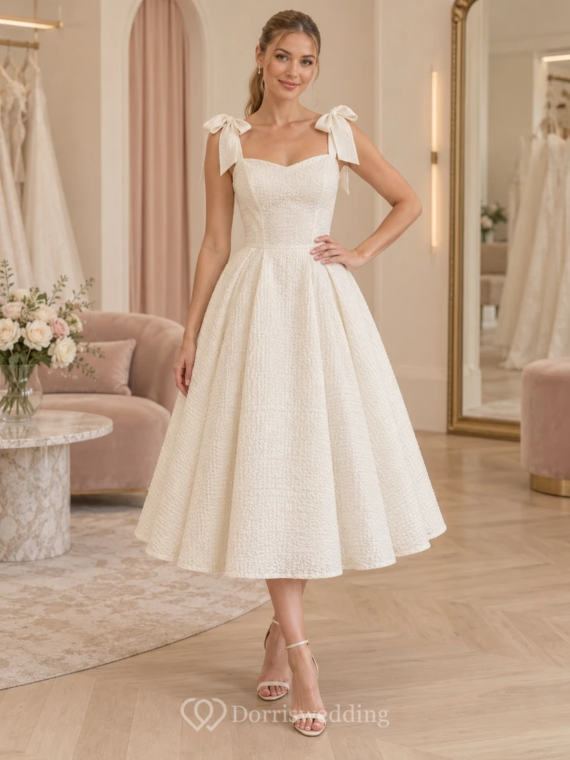 Schlichtes, glattes Oberteil, teelanges Brautkleid mit Herzausschnitt, ärmellos und Schleife aus Baumwoll-Seersucker in A-Linie