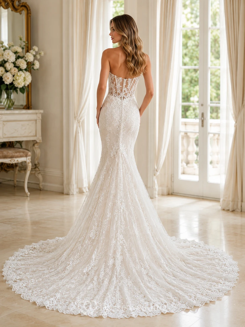 Robe de mariée Gallery Bridal en dentelle naturelle, décolleté en V profond, sans manches, sirène, traîne chapelle, ornée d'appliqués floraux, sans manches et à traîne chapelle. view 2
