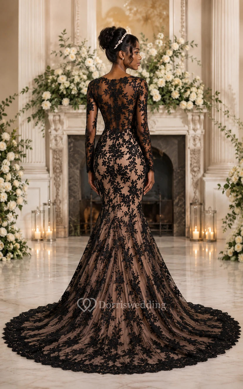 Black Nude Long Sleeve Lace Mermaid Wedding Dress view 2