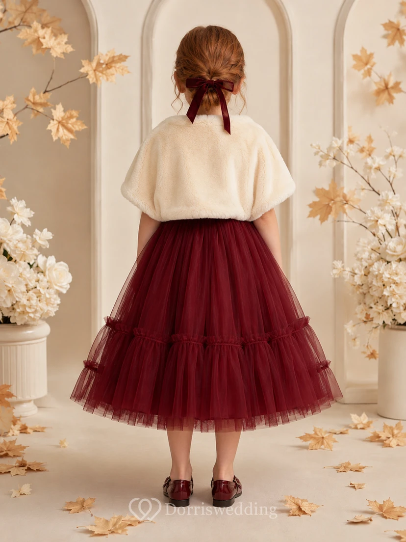 Luxury Tea-Length Ball Gown Flower Girl Burgundy Satin Tulle Ruffle Cape Dress with Square Neck view 2