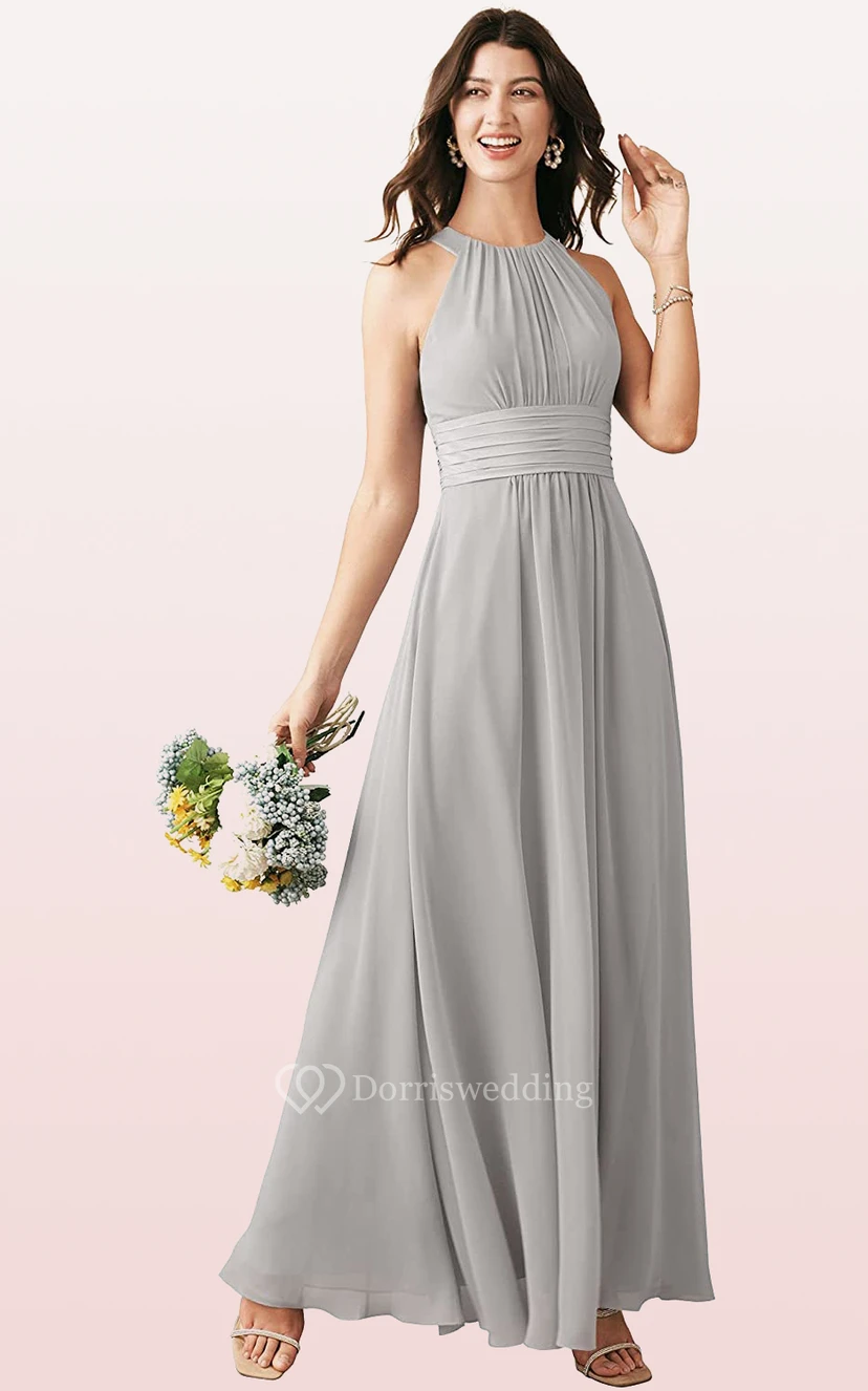 Modern Halter A Line Sleeveless Ankle-length Chiffon Bridesmaid Dress With Ruching view 14