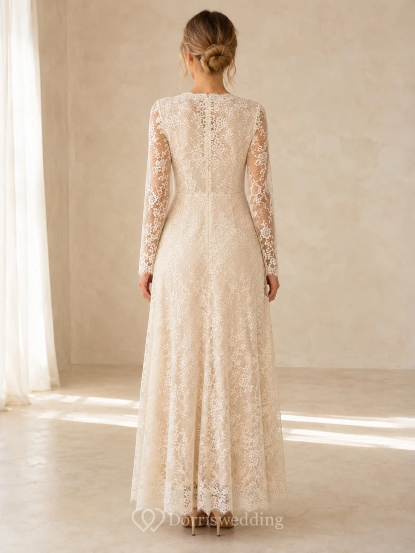 Ivory Lace V-neck Long Sleeve Floor-length A-Line Formal Dress view 2