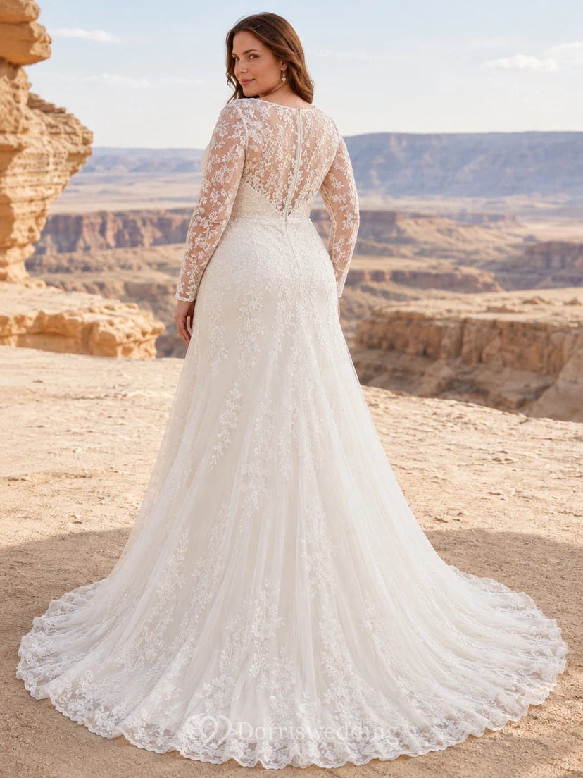Lace Tulle Wedding Dress A-Line V-Neck Sleeveless Chapel Train Bridal Gown view 2