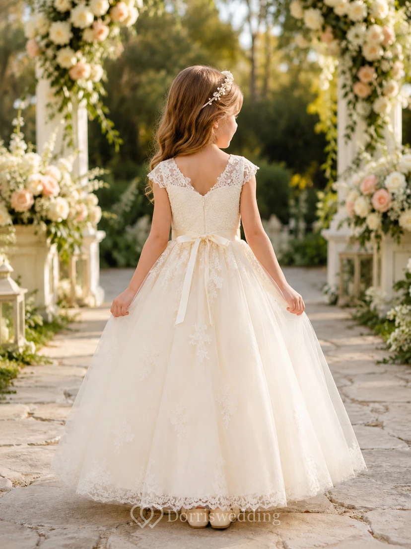 Lace Bodice Tulle A-Line Flower Girl Dress with Short Sleeves, Jewel Neck and Tea-Length Skirt view 2