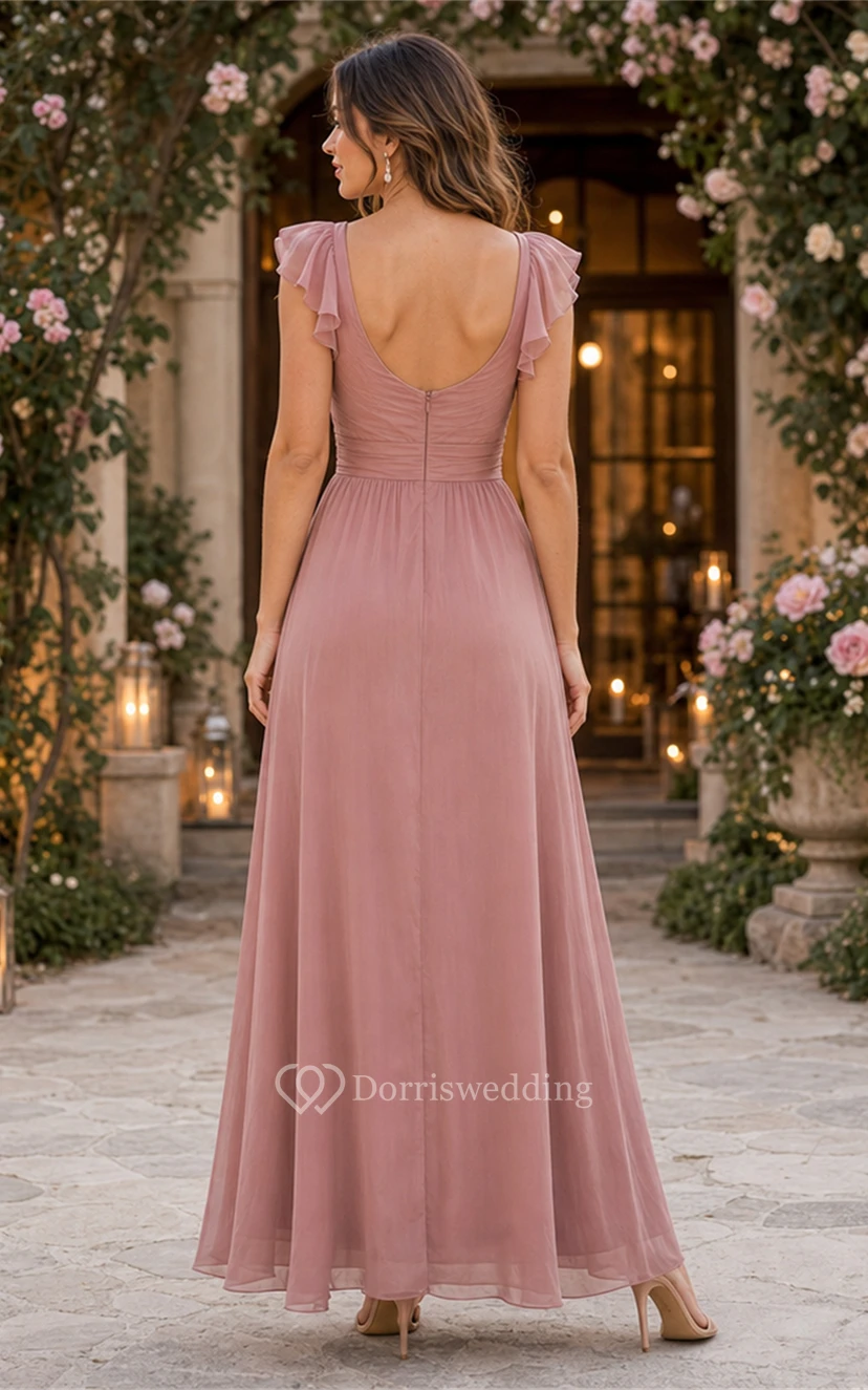 Dusty Rose Flutter Sleeve Chiffon Floor-length Dress view 2