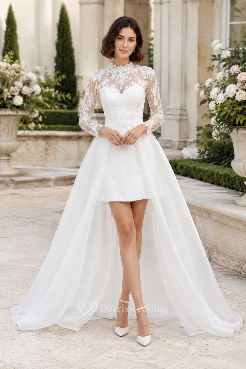 Robe de mariée courte en dentelle à manches longues avec traîne en tulle amovible
