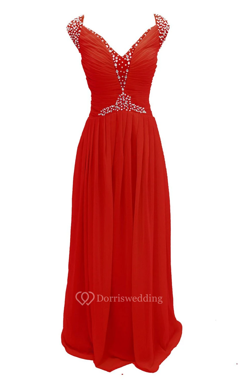 Cap-sleeve V-neck Chiffon A-line Gown With Crystal Detail view 11