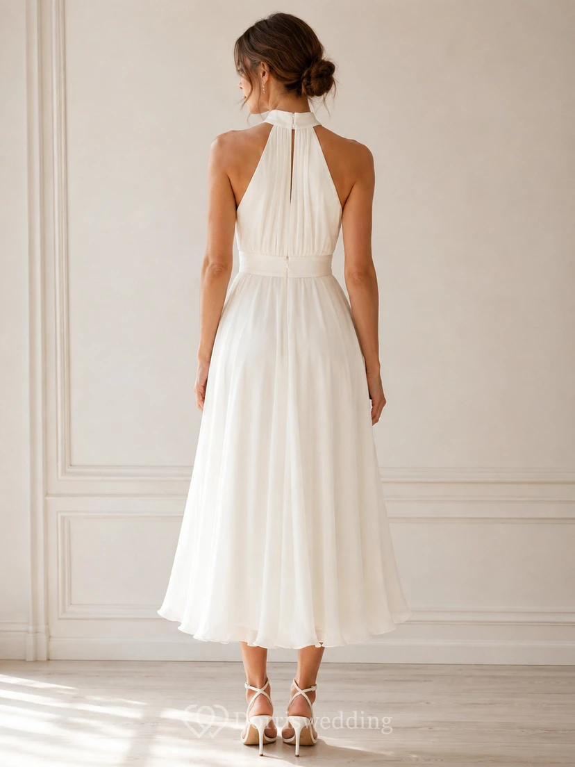 White Tea-length Halter Chiffon A-line Wedding Dress with Lace view 2