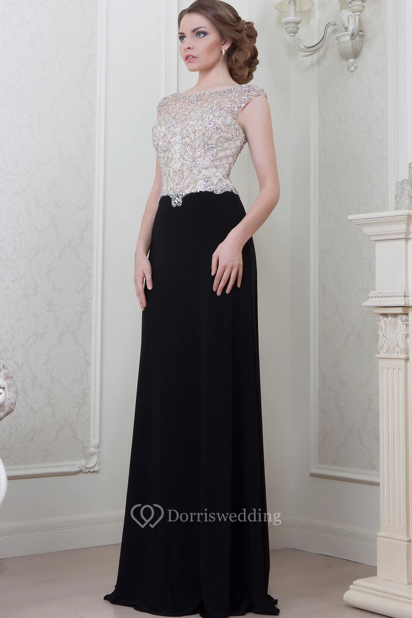 A-Line Beaded Cap-Sleeve Bateau-Neck Floor-Length Jersey Evening Dress view 3