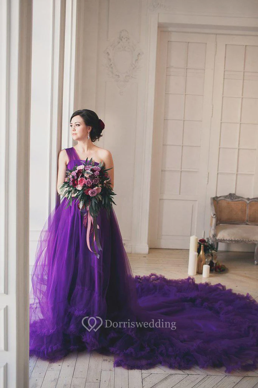 Glamorous One Shoulder Purple Tulle Prom Dress New Fashion Cloud Wedding Gown view 2