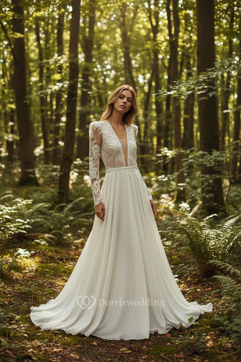 Illusion V-Neck Long Sleeve Lace Chiffon Forest Wedding Dress