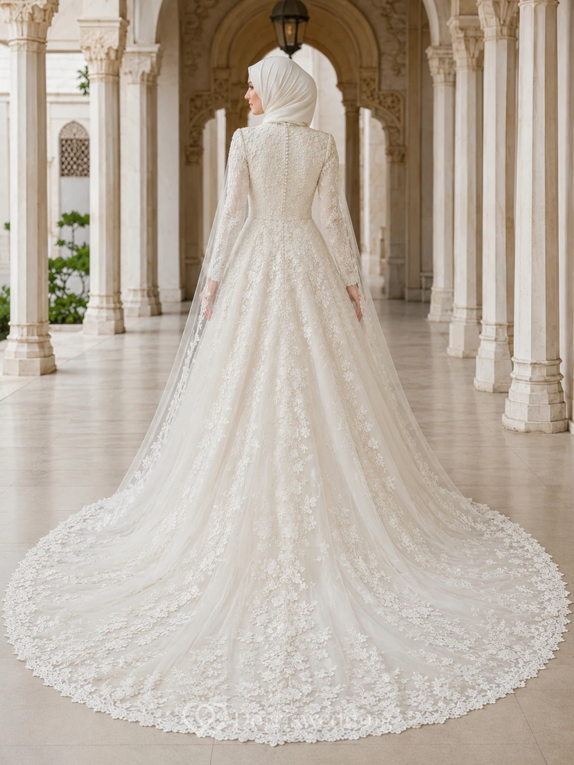 Luxury Muslim Embroidered Tulle Ball Gown Bridal Dress With Cathedral Train view 2