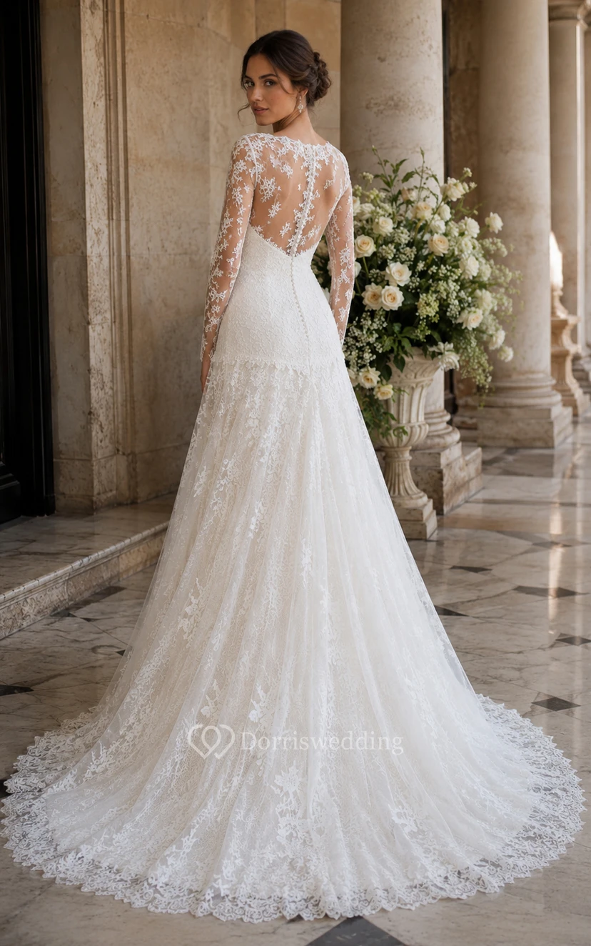 Long Sleeve Lace Mermaid Vintage Wedding Dress view 2