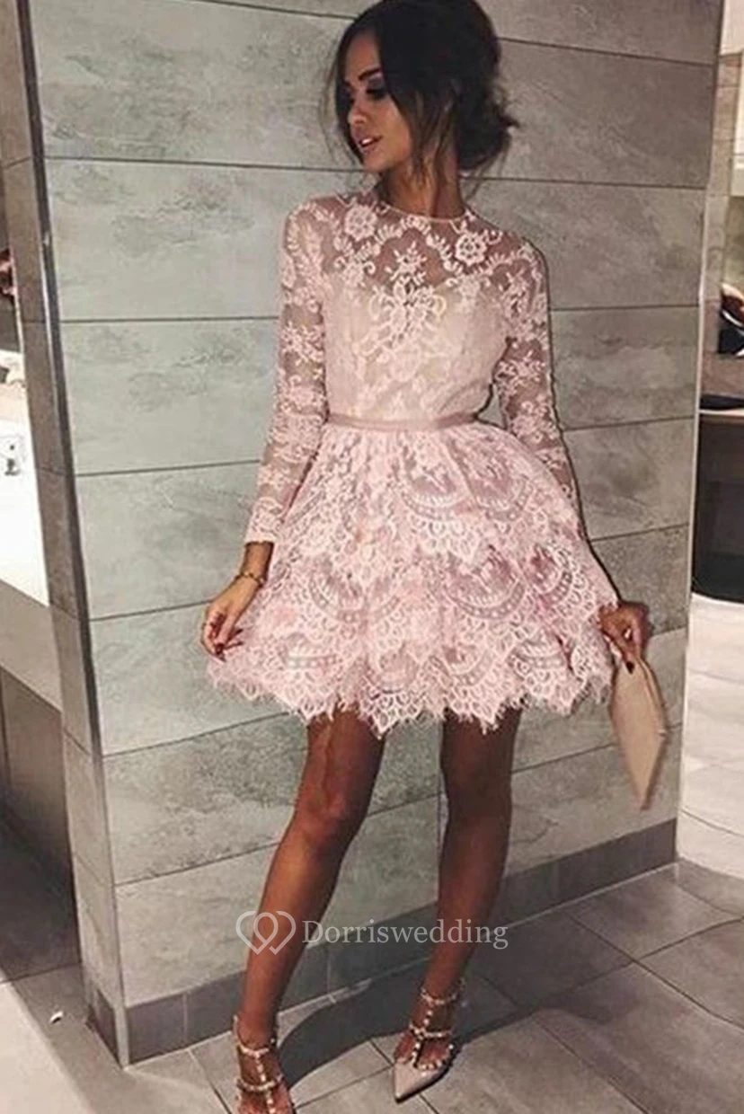 A-Linien-Minikleid mit langen Ärmeln, Spitze, hohem Kragen, Reißverschluss und kurzem Oberteil für den Abschlussball