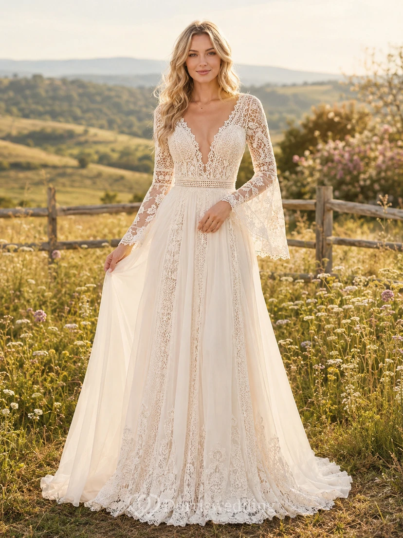 Boho Bell Sleeve Crochet Lace Country Chapel Wedding Dress