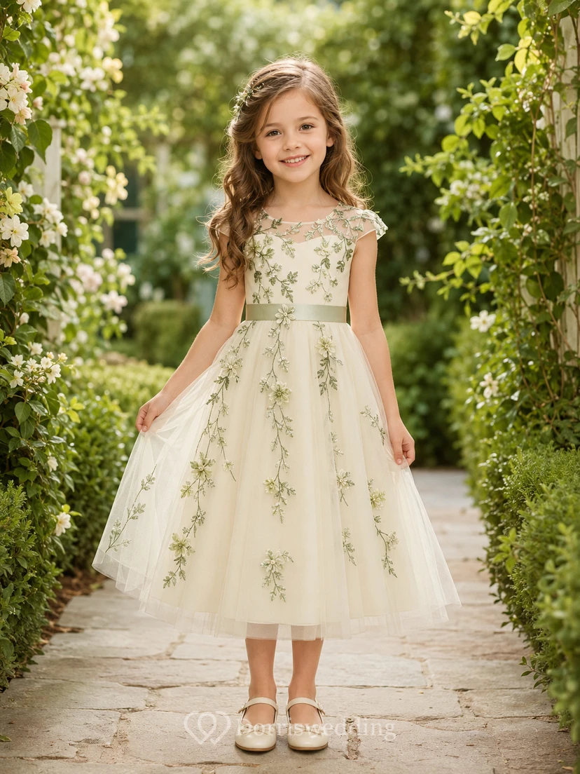 Vestido de niña de las flores, color marfil, encaje, tul, corte en A, escote redondo, largo midi.