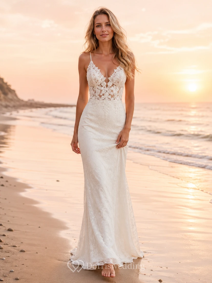 Beach Boho Sheath Lace Open Back Shoreline Wedding Dress