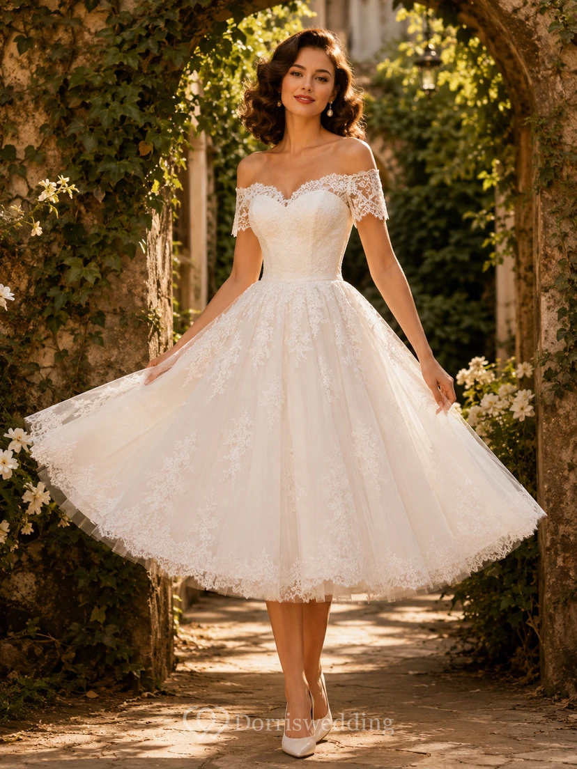 Vintage Off Shoulder Tulle Tea-Length A-Line Wedding Dress