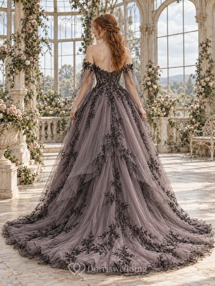 High-low Off Shoulder Grey Black Lace Tiered Tulle Wedding Dress view 2