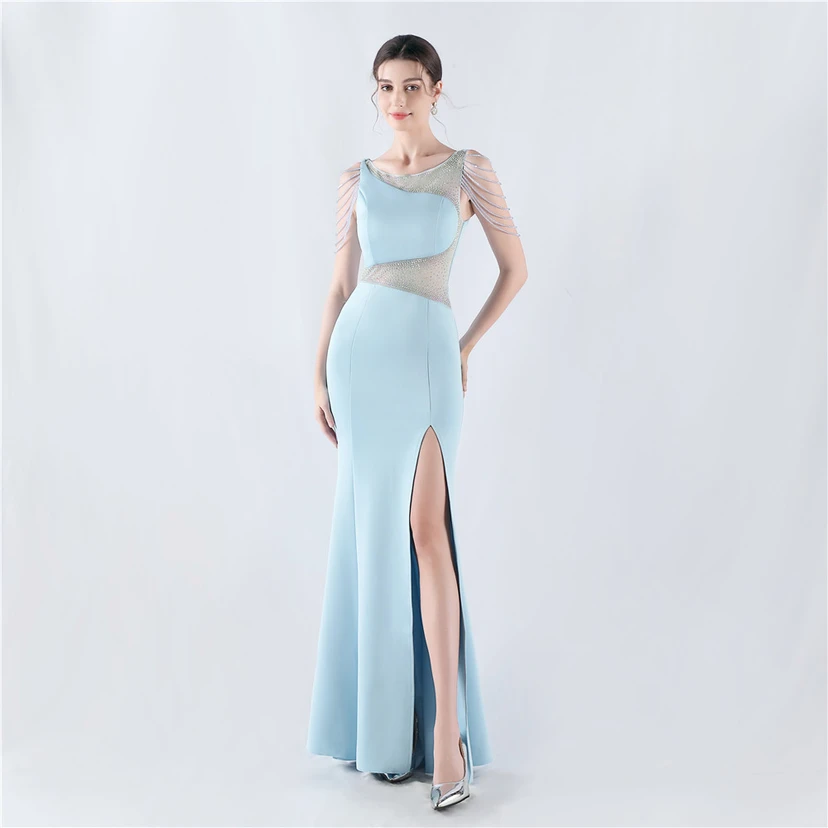 Heavy Hot Diamonds For Transparent Mesh High-Slit Satin Evening Dress Annual Meeting Wedding view 62