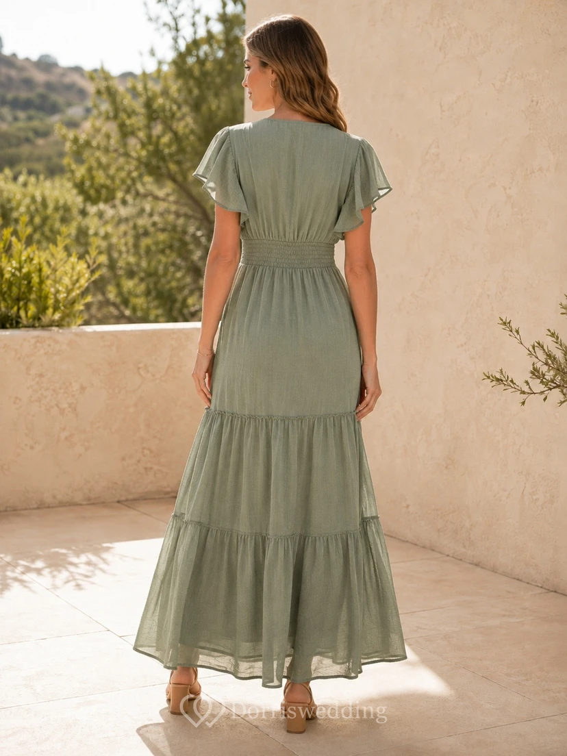 Kleid in gedämpftem Salbeigrün mit V-Ausschnitt, flatternden Ärmeln und Teelänge in A-Linie view 2