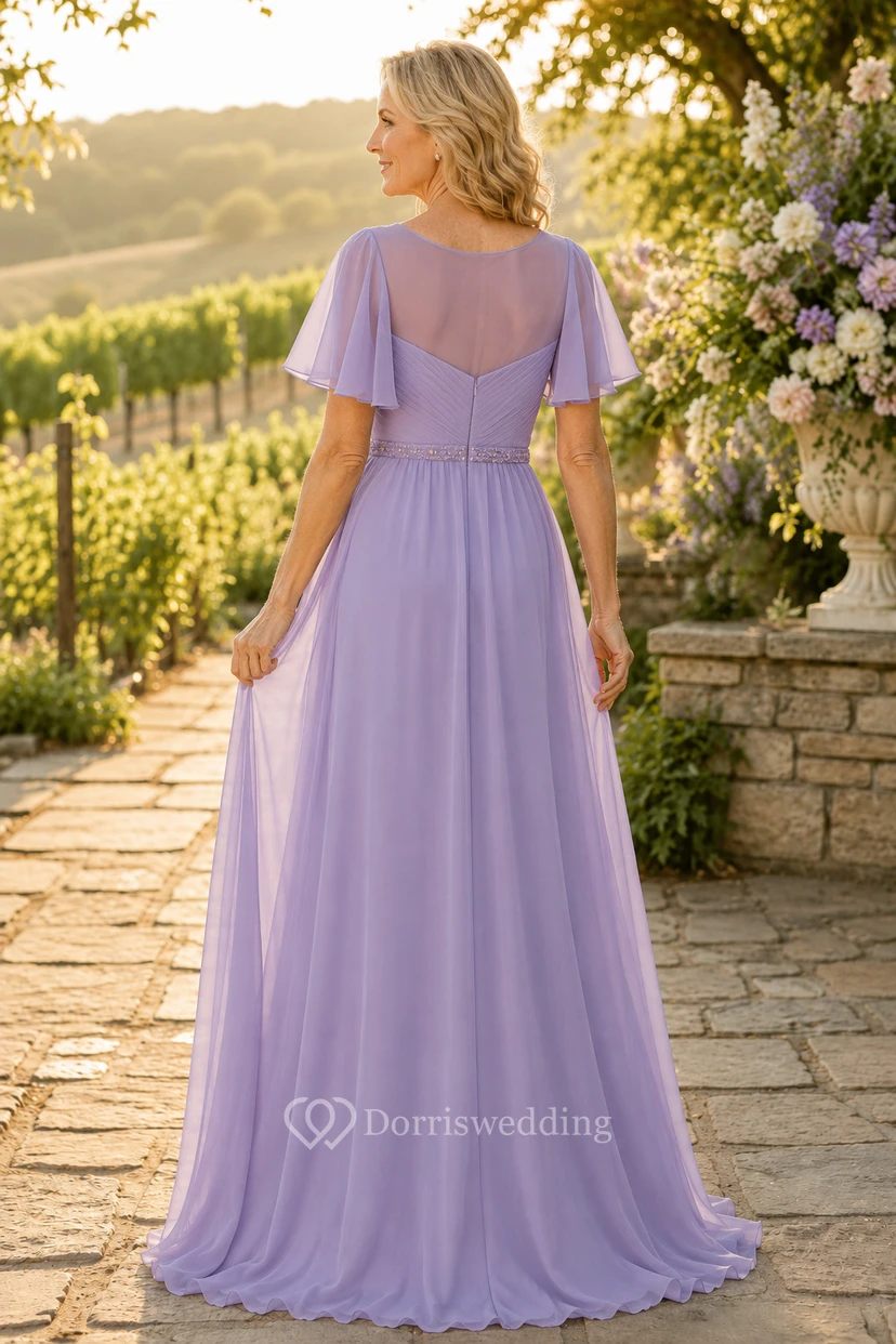 Robe mère trapèze en mousseline de soie lavande à manches papillon view 2