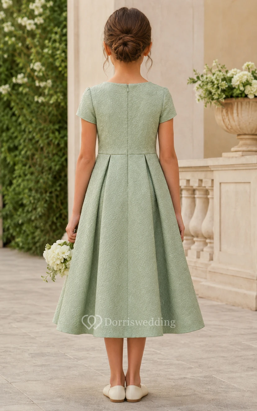 A-line Tea-length Short Sleeve Satin Flower Girl Dress with Sage short-sleeve satin dress with box pleats view 2