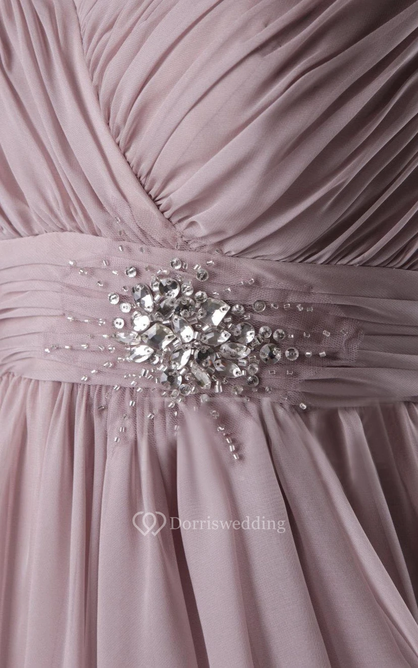 V Neck V Back Draped Empire Chiffon Long Dress With Beading view 5