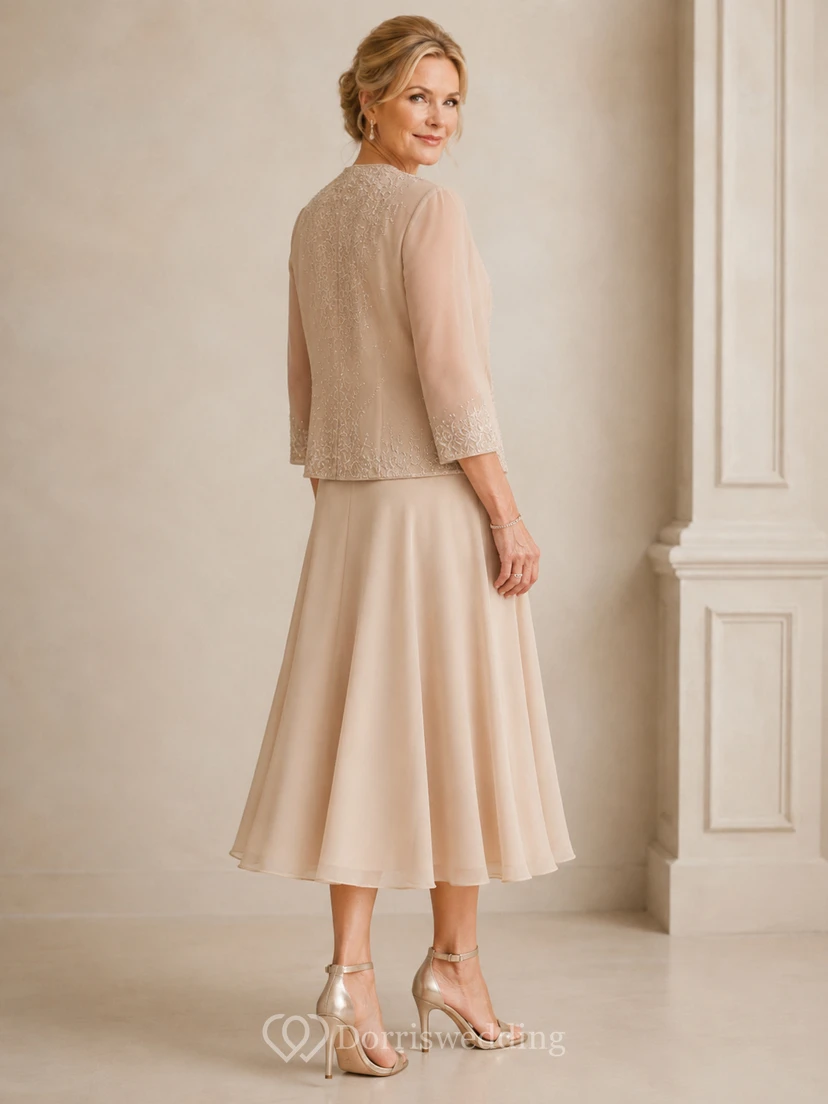 Champagne Cowl Neck Mother Dress with Jacket Champagne Cowl Scoop A-Line Tea-length view 2