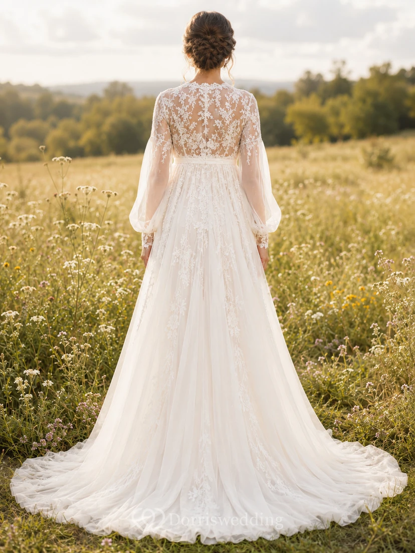 Maternity Wedding Dress High Neck Long Illusion Sleeve Lace Gown with Train view 2