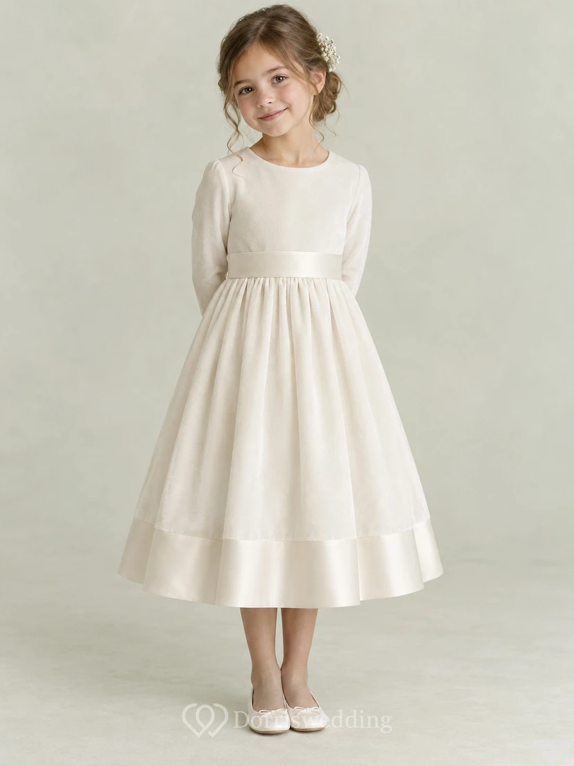 Modest Long Sleeve Ivory Tea-length Broad Waist Satin Hem Velvet Flower Girl Dress