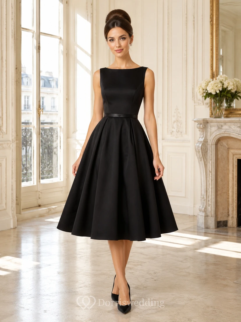 Noir Icon Black A-Line Tea-Length Bateau Sleeveless Satin Vintage Cocktail Dress