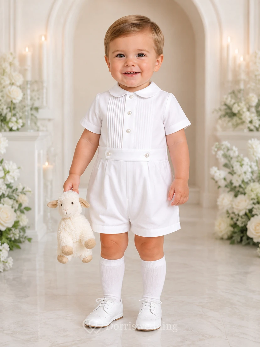 White Pintuck Double Button Short Sleeve Formal Baby Romper for Baby Boy