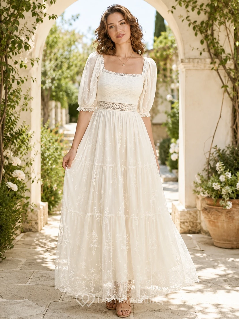 Boho Square Neck Three-Quarter Puff Sleeve Lace A-Line Floor-Length Wedding Dress