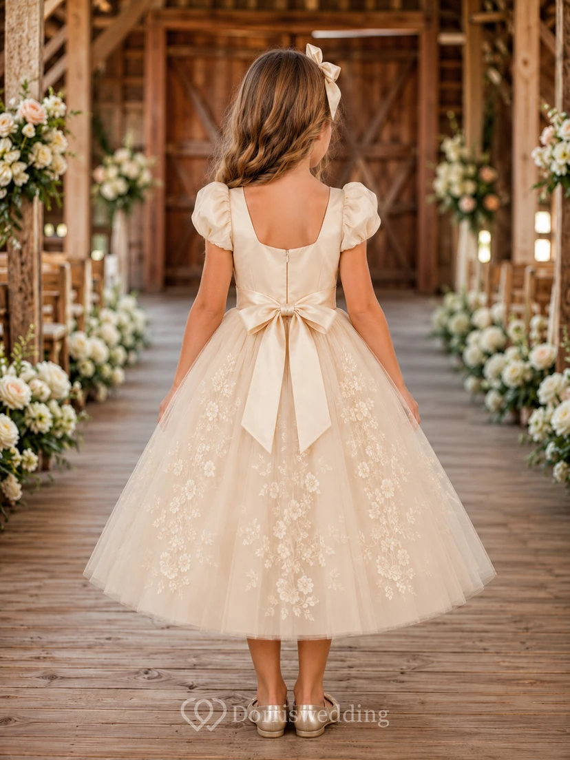 Lace Bodice Tulle A-Line Flower Girl Dress with Short Sleeves, Jewel Neck and Tea-Length Skirt view 2