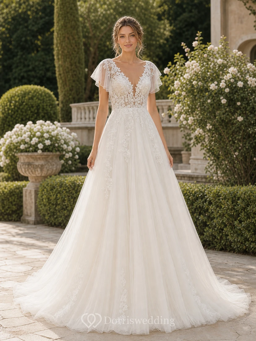 Robe de mariée bohème trapèze avec manches papillon et corsage en dentelle view 3