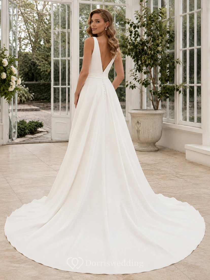 Elegant Plunging V-Neck Sleeveless Ruched Satin A-Line Chapel Train Wedding Dress view 2