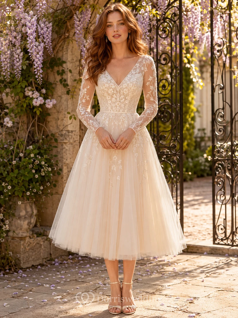 Blush V Neck Lace Long Sleeve Tulle Tea Length Wedding Dress