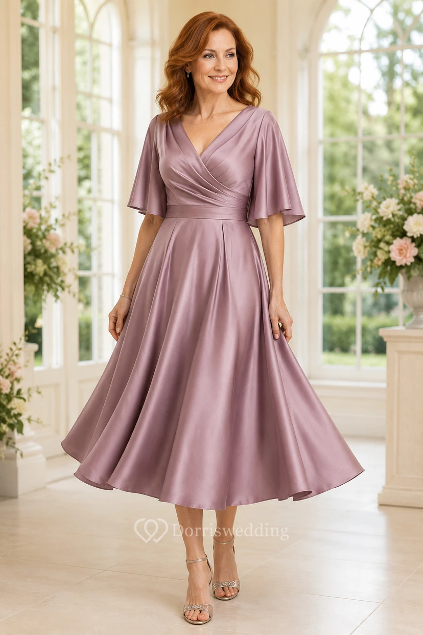 Dusty Rose Satin Tea-Length Mother Dress with Flutter Sleeves