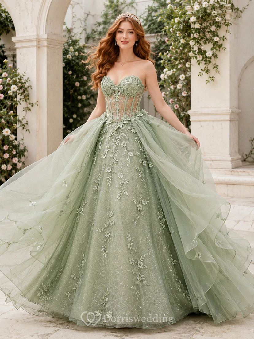 Vestido de princesa de quinceañera de lujo, sin tirantes, con estampado floral y sobrefalda de tul desmontable, color verde salvia.