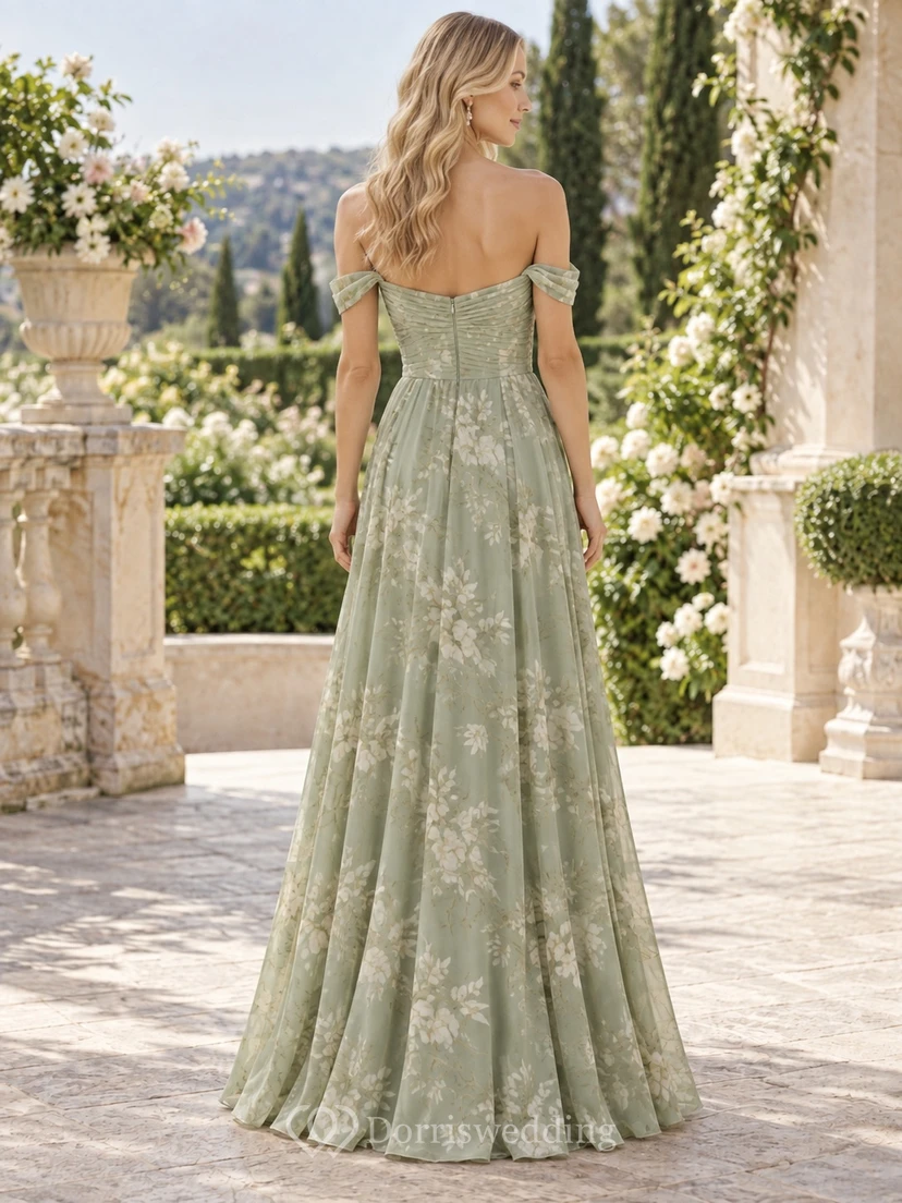 Vestido de dama de honor de gasa de corte A, largo hasta el suelo, con mangas cortas y estampado floral verde salvia. view 2