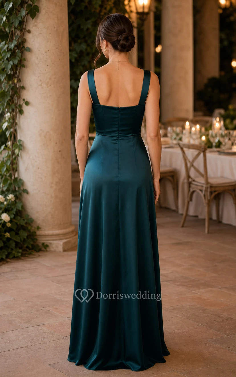 Dark Green Satin Square Neck Floor-Length Sheath Dress view 2