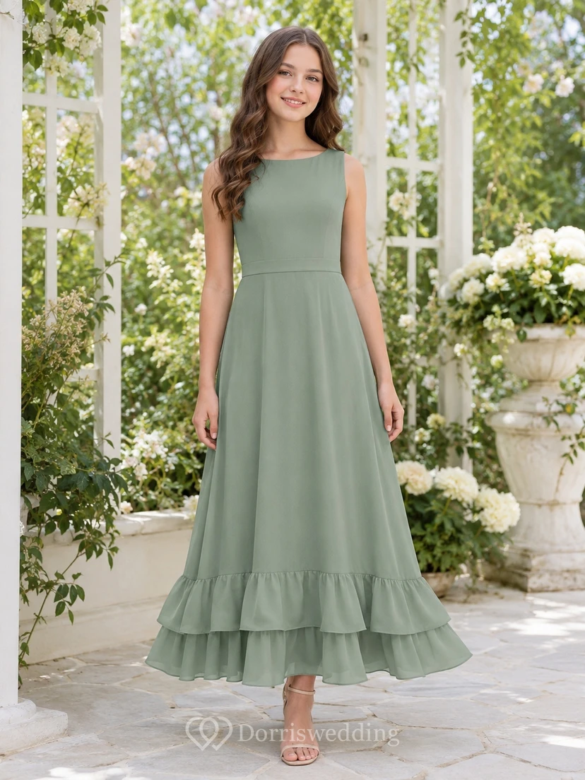 Celadonfarbenes Brautjungfernkleid für junge Damen, A-Linie, juwelenfarben, ärmellos, wadenlang, Chiffon, Rüschensaum, romantisch