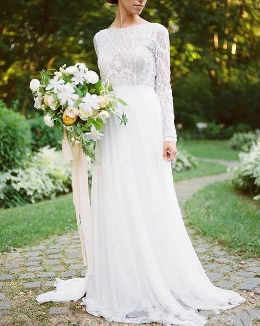 Vestido de novia bohemio de encaje con mangas largas | Vestido de novia blanco vaporoso con mangas view 6