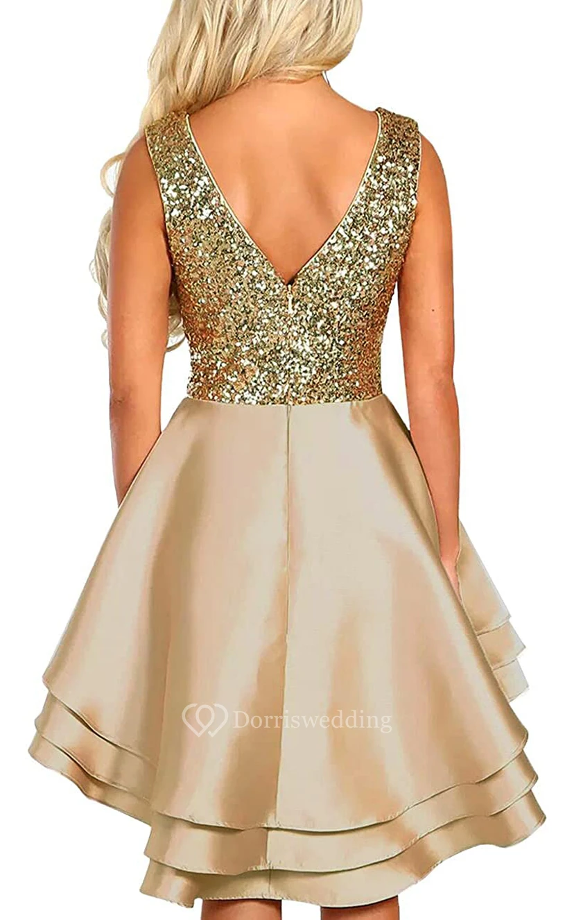 Satin Sequins High-Low Ball Gown Sleeveless Homecoming Dress with Ruffles view 2