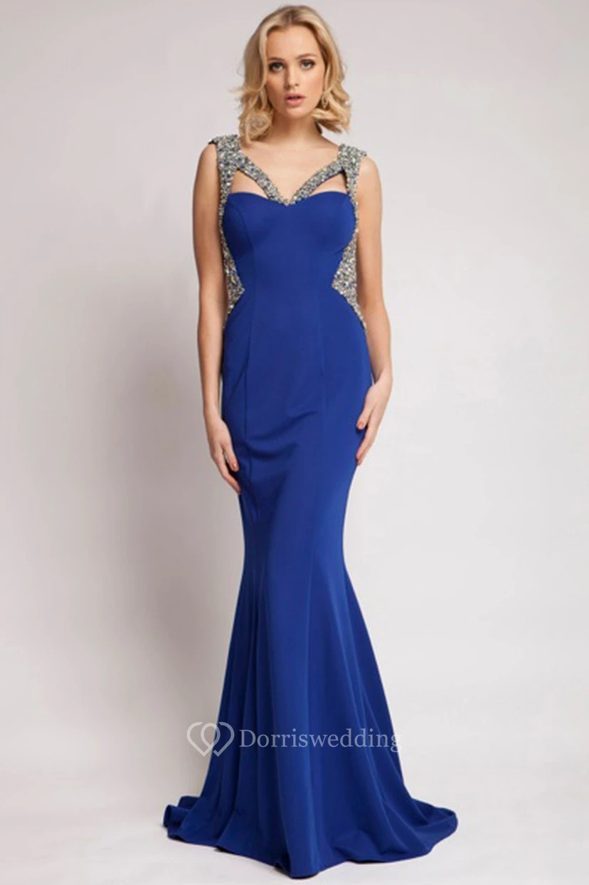 Mermaid Sleeveless Beaded V-Neck Floor-Length Jersey Prom Dress With Backless Style And Sweep Train