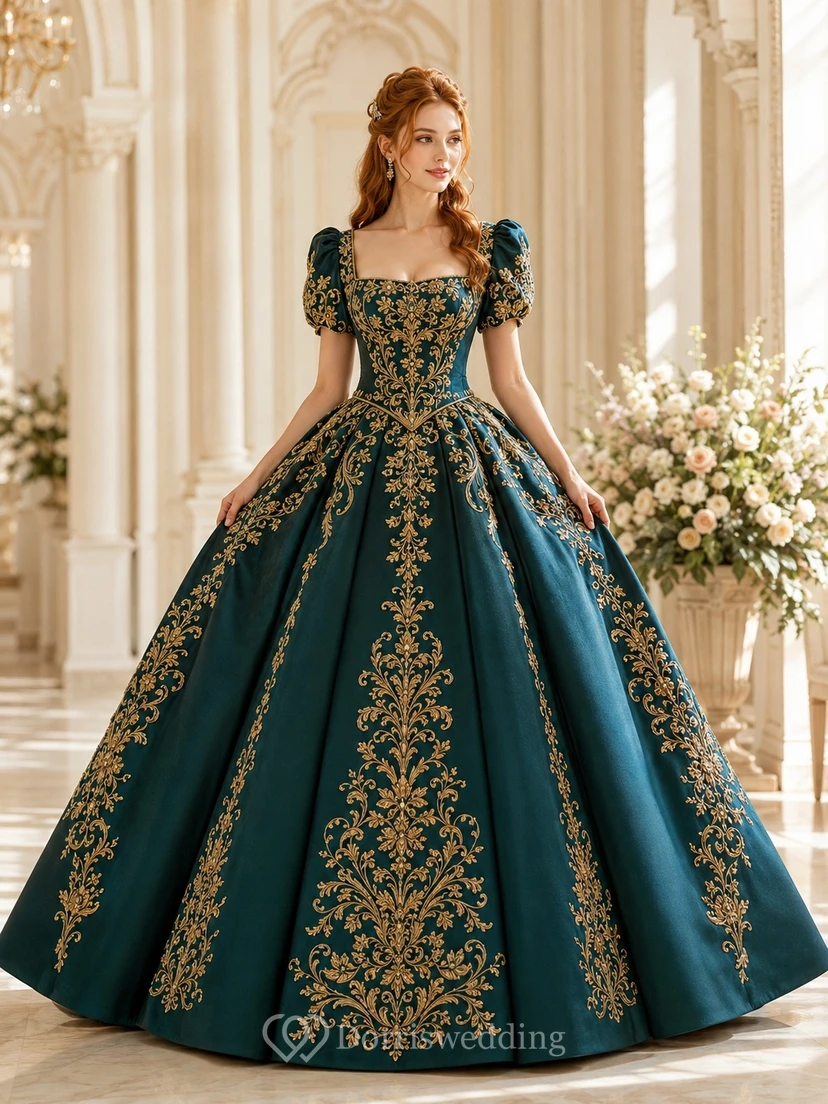 Goldbesticktes, dunkelgrünes Ballkleid aus Satin mit Puffärmeln und Puffärmeln – Luxus-Hochzeitskleid view 2