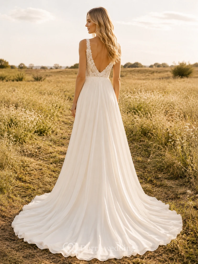 Beach Chiffon Tulle Wedding Dress A-Line V-Neck Sleeveless Floor Length Bridal Gown view 2