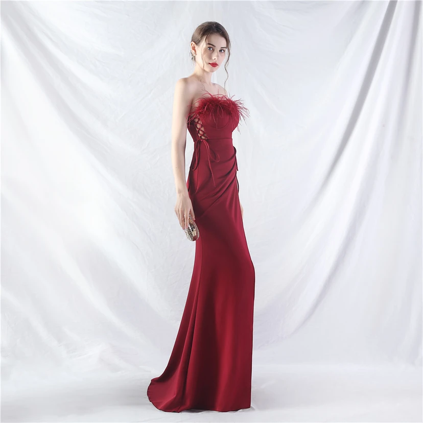 Double-Binding Waist-Shaped Ears Adjustable Satin Evening Dress view 35